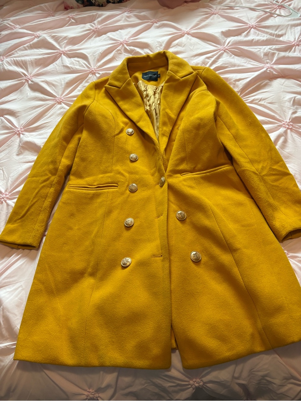 Women's Double-Breasted Wool Blend Coat - Mustard Yellow